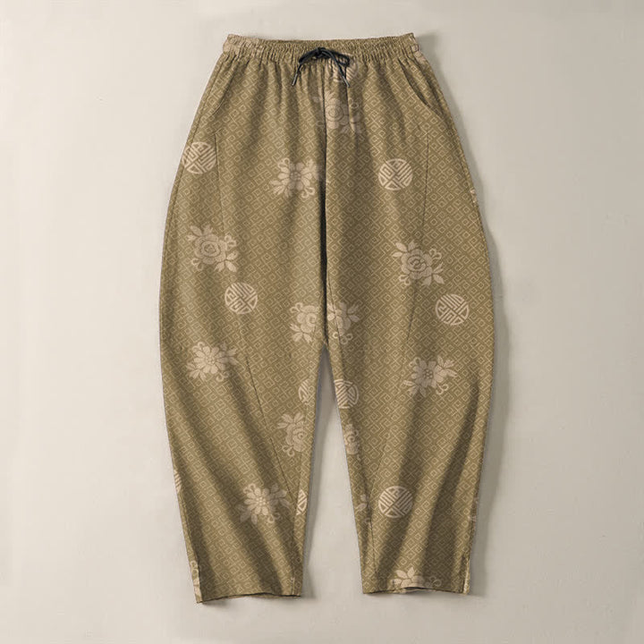 Buddha Stones Pantalon fuselé pour homme en pur coton, à cordon de serrage et poches, orné d'un motif floral médaillon. - image 2