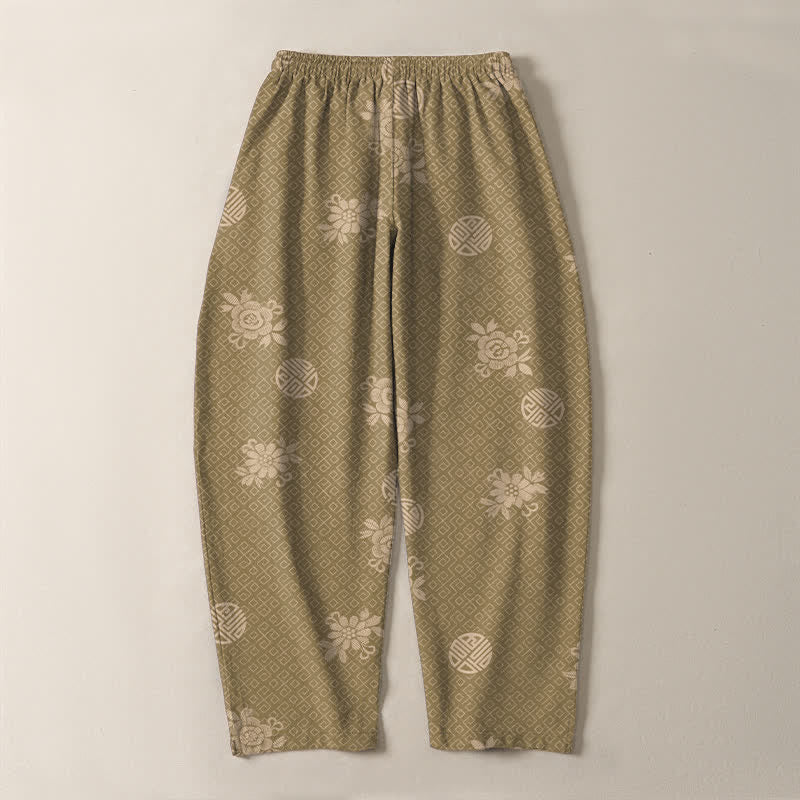 Buddha Stones Pantalon fuselé pour homme en pur coton, à cordon de serrage et poches, orné d'un motif floral médaillon. - image 3