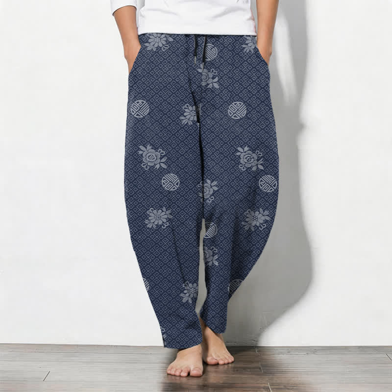 Buddha Stones Pantalon fuselé pour homme en pur coton, à cordon de serrage et poches, orné d'un motif floral médaillon. - Marine - US/UK/AU50，EU60 (5XL) - image 7