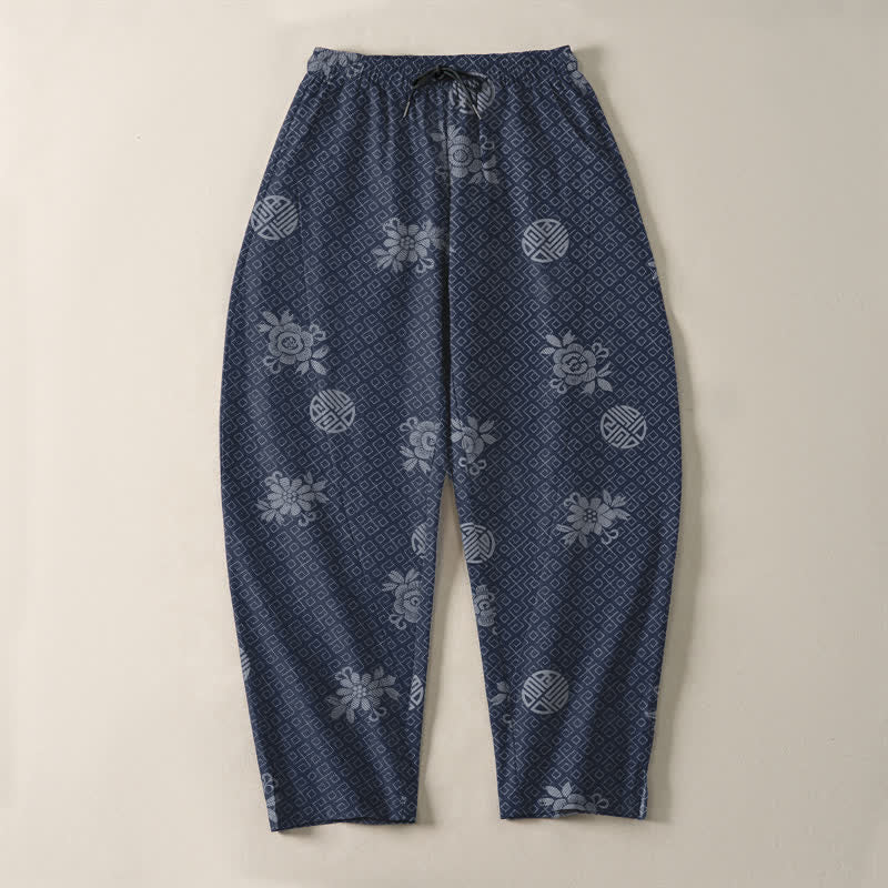 Buddha Stones Pantalon fuselé pour homme en pur coton, à cordon de serrage et poches, orné d'un motif floral médaillon. - image 9