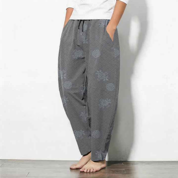 Buddha Stones Pantalon fuselé pour homme en pur coton, à cordon de serrage et poches, orné d'un motif floral médaillon. - image 12