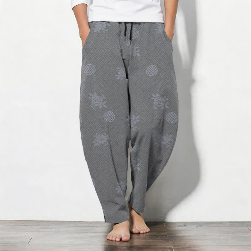Buddha Stones Pantalon fuselé pour homme en pur coton, à cordon de serrage et poches, orné d'un motif floral médaillon. - Gris foncé - US/UK/AU50，EU60 (5XL) - image 11