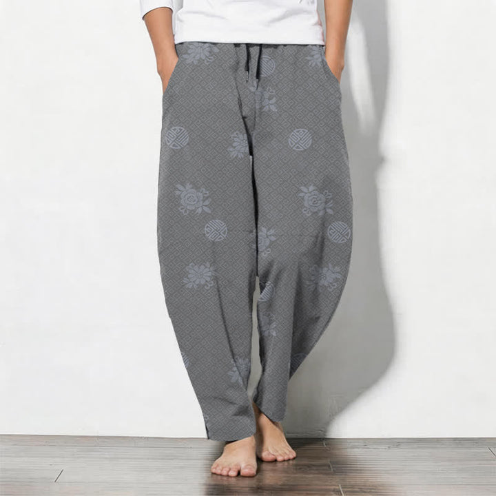 Buddha Stones Pantalon fuselé pour homme en pur coton, à cordon de serrage et poches, orné d'un motif floral médaillon. - Gris foncé - US/UK/AU50，EU60 (5XL) - image 11