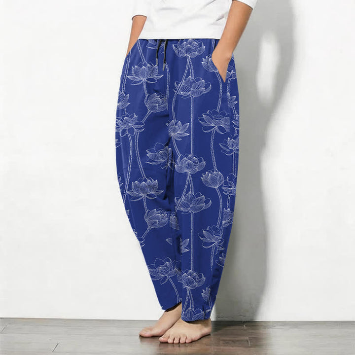Buddha Stones Pantalon fuselé pour homme en pur coton avec cordon de serrage, motif lotus blanc et poches - image 1