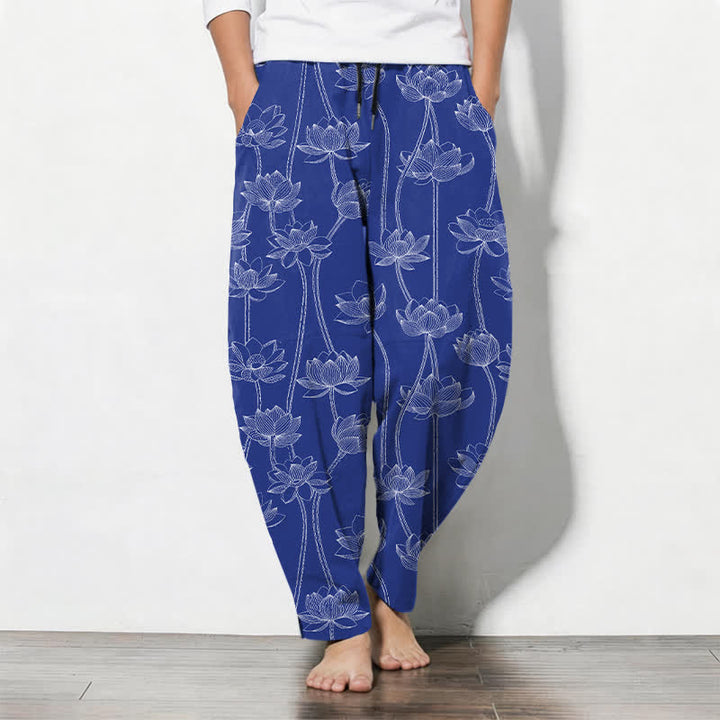 Buddha Stones Pantalon fuselé pour homme en pur coton avec cordon de serrage, motif lotus blanc et poches - Bleu royal - US/UK/AU50，EU60 (5XL) - image 0