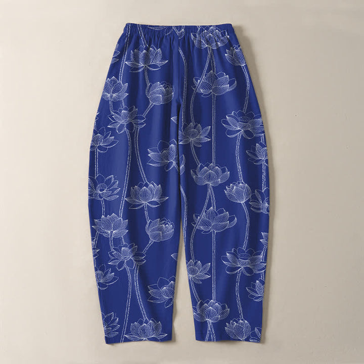 Buddha Stones Pantalon fuselé pour homme en pur coton avec cordon de serrage, motif lotus blanc et poches - image 3