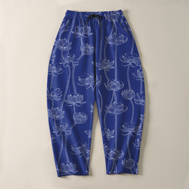 Buddha Stones Pantalon fuselé pour homme en pur coton avec cordon de serrage, motif lotus blanc et poches - image 2