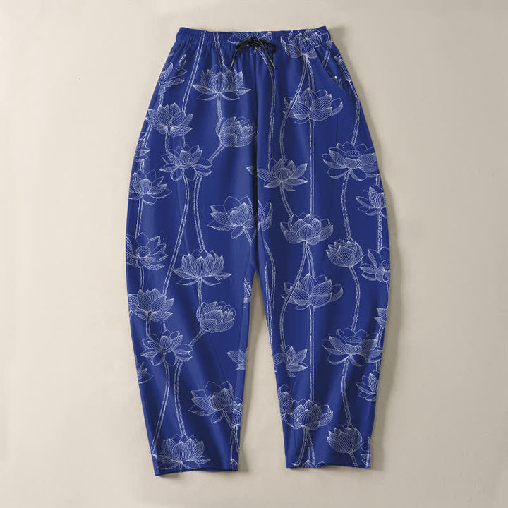 Buddha Stones Pantalon fuselé pour homme en pur coton avec cordon de serrage, motif lotus blanc et poches - image 2