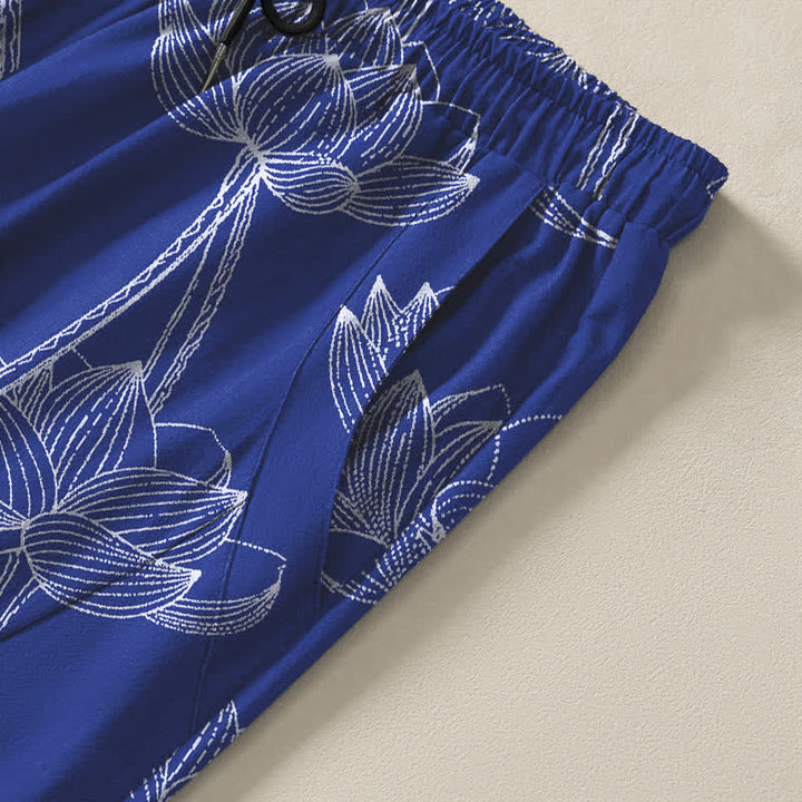 Buddha Stones Pantalon fuselé pour homme en pur coton avec cordon de serrage, motif lotus blanc et poches - image 4