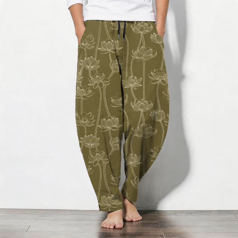 Buddha Stones Pantalon fuselé pour homme en pur coton avec cordon de serrage, motif lotus blanc et poches - Olive - US/UK/AU50，EU60 (5XL) - image 7