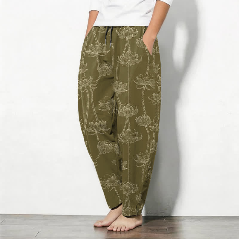 Buddha Stones Pantalon fuselé pour homme en pur coton avec cordon de serrage, motif lotus blanc et poches - image 8