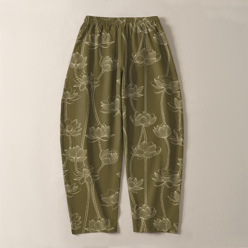 Buddha Stones Pantalon fuselé pour homme en pur coton avec cordon de serrage, motif lotus blanc et poches - image 10