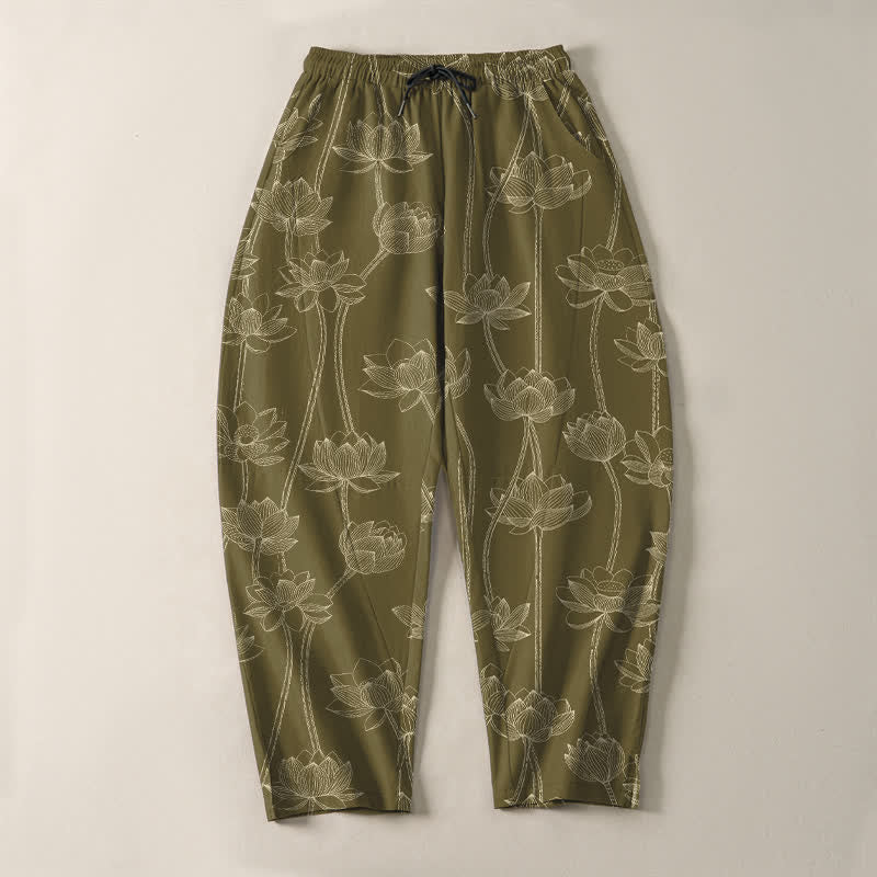Buddha Stones Pantalon fuselé pour homme en pur coton avec cordon de serrage, motif lotus blanc et poches - image 9
