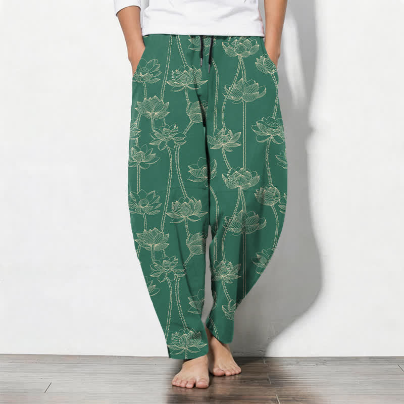 Buddha Stones Pantalon fuselé pour homme en pur coton avec cordon de serrage, motif lotus blanc et poches - Vert d'eau - US/UK/AU50，EU60 (5XL) - image 11