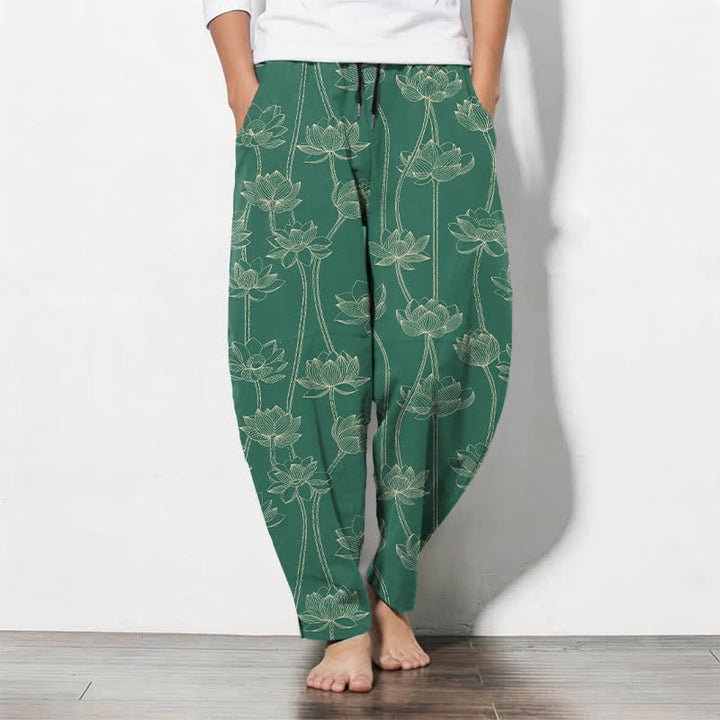 Buddha Stones Pantalon fuselé pour homme en pur coton avec cordon de serrage, motif lotus blanc et poches - Vert d'eau - US/UK/AU50，EU60 (5XL) - image 11