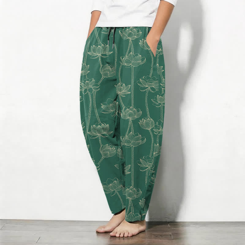 Buddha Stones Pantalon fuselé pour homme en pur coton avec cordon de serrage, motif lotus blanc et poches - image 12