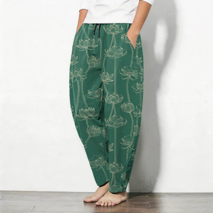Buddha Stones Pantalon fuselé pour homme en pur coton avec cordon de serrage, motif lotus blanc et poches - image 12