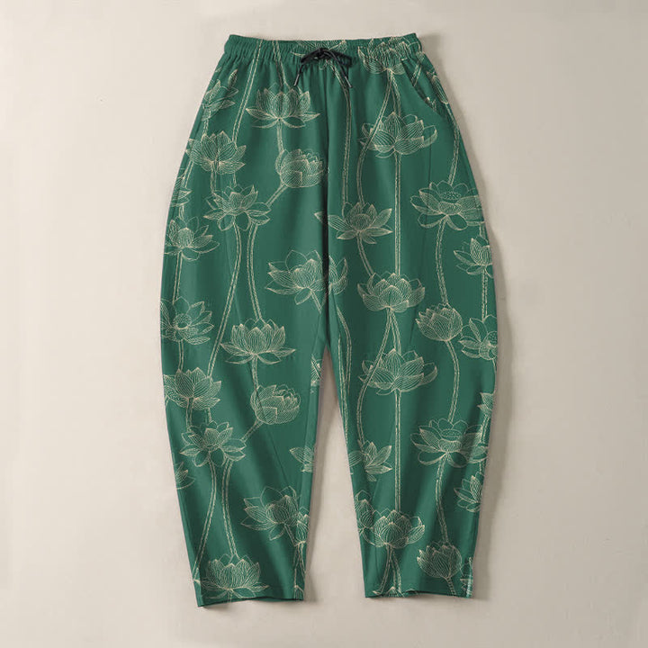 Buddha Stones Pantalon fuselé pour homme en pur coton avec cordon de serrage, motif lotus blanc et poches - image 13