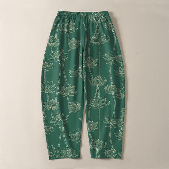 Buddha Stones Pantalon fuselé pour homme en pur coton avec cordon de serrage, motif lotus blanc et poches - image 14