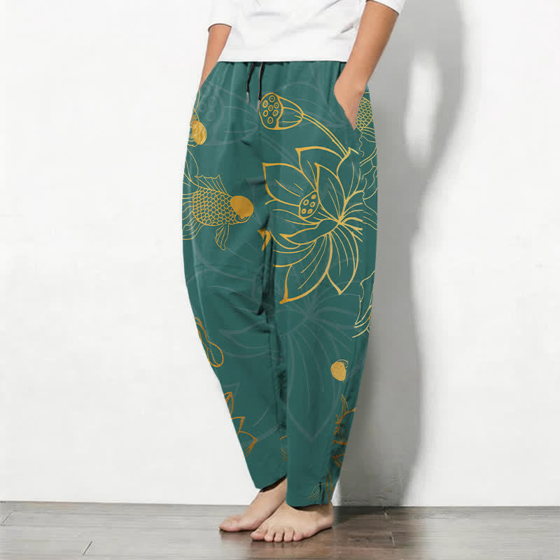 Buddha Stones Pantalon fuselé pour homme en pur coton, motif koi lotus doré, cordon de serrage et poches - image 1