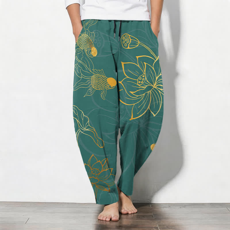 Buddha Stones Pantalon fuselé pour homme en pur coton, motif koi lotus doré, cordon de serrage et poches - Sarcelle - US/UK/AU50，EU60 (5XL) - image 0