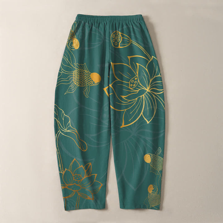 Buddha Stones Pantalon fuselé pour homme en pur coton, motif koi lotus doré, cordon de serrage et poches - image 3