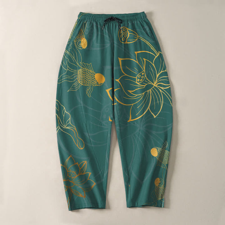 Buddha Stones Pantalon fuselé pour homme en pur coton, motif koi lotus doré, cordon de serrage et poches - image 2