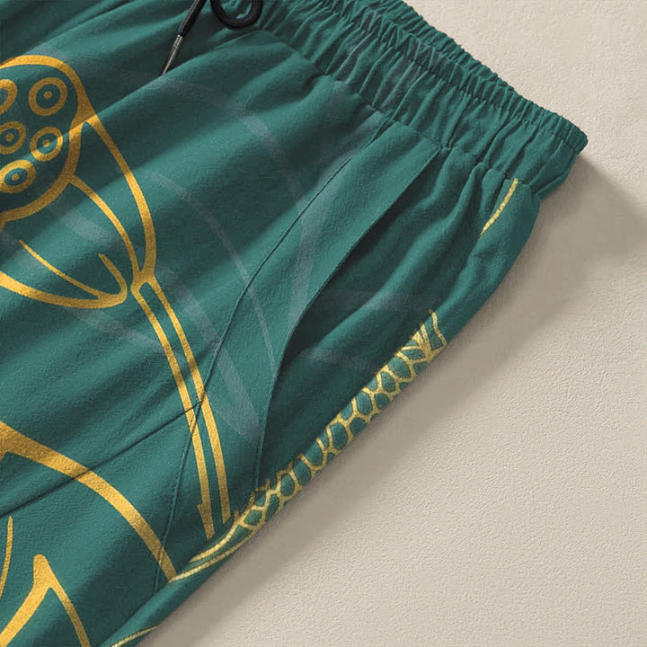 Buddha Stones Pantalon fuselé pour homme en pur coton, motif koi lotus doré, cordon de serrage et poches - image 4