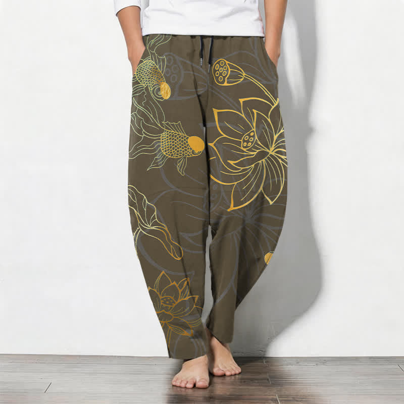 Buddha Stones Pantalon fuselé pour homme en pur coton, motif koi lotus doré, cordon de serrage et poches - SaddleBrown - US/UK/AU50，EU60 (5XL) - image 11