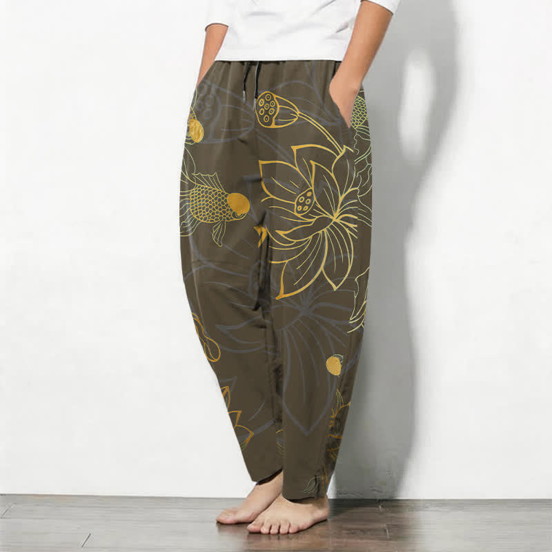 Buddha Stones Pantalon fuselé pour homme en pur coton, motif koi lotus doré, cordon de serrage et poches - image 12