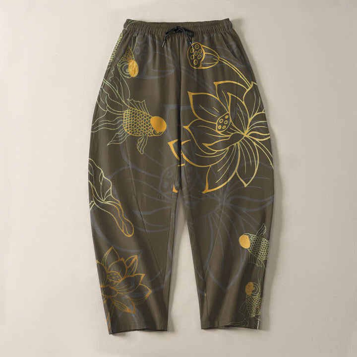 Buddha Stones Pantalon fuselé pour homme en pur coton, motif koi lotus doré, cordon de serrage et poches - image 13