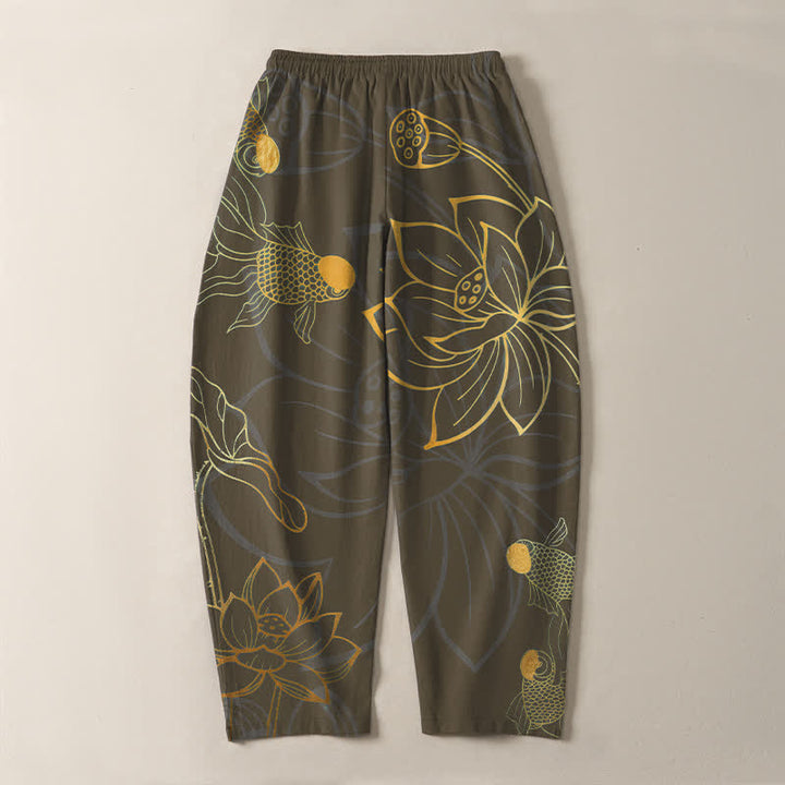 Buddha Stones Pantalon fuselé pour homme en pur coton, motif koi lotus doré, cordon de serrage et poches - image 14