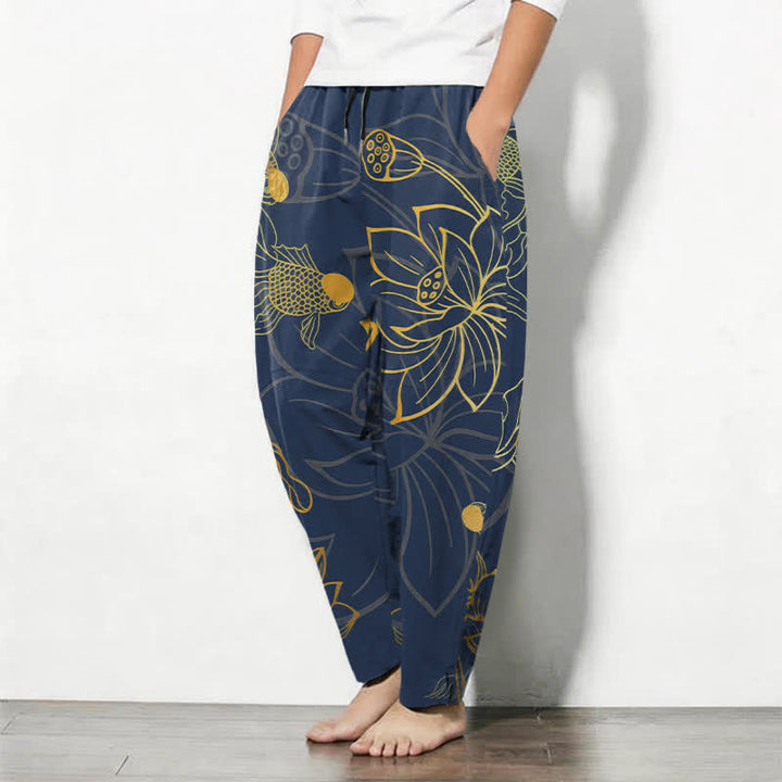 Buddha Stones Pantalon fuselé pour homme en pur coton, motif koi lotus doré, cordon de serrage et poches - image 8