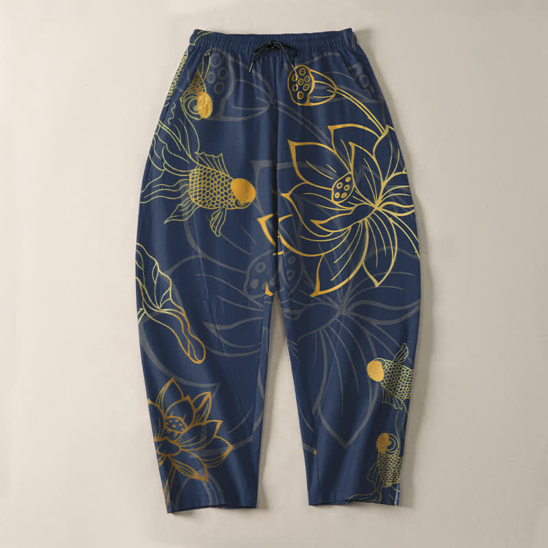 Buddha Stones Pantalon fuselé pour homme en pur coton, motif koi lotus doré, cordon de serrage et poches - image 9