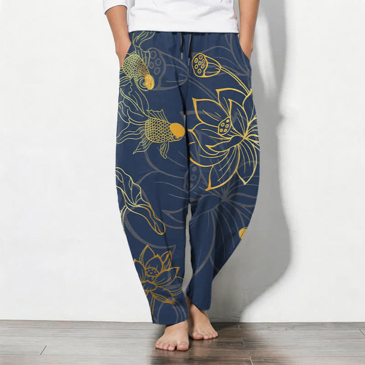 Buddha Stones Pantalon fuselé pour homme en pur coton, motif koi lotus doré, cordon de serrage et poches - Marine - US/UK/AU50，EU60 (5XL) - image 7