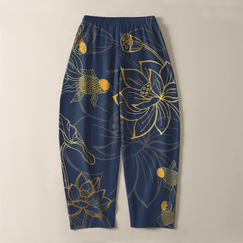 Buddha Stones Pantalon fuselé pour homme en pur coton, motif koi lotus doré, cordon de serrage et poches - image 10