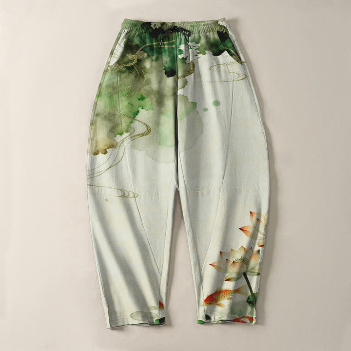 Buddha Stones Pantalon fuselé pour homme en pur coton, motif lotus koi délavé, cordon de serrage et poches - image 2