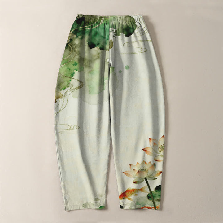 Buddha Stones Pantalon fuselé pour homme en pur coton, motif lotus koi délavé, cordon de serrage et poches - image 3