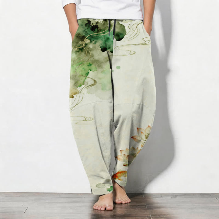 Buddha Stones Pantalon fuselé pour homme en pur coton, motif lotus koi délavé, cordon de serrage et poches - Melon miellat - US/UK/AU50，EU60 (5XL) - image 0