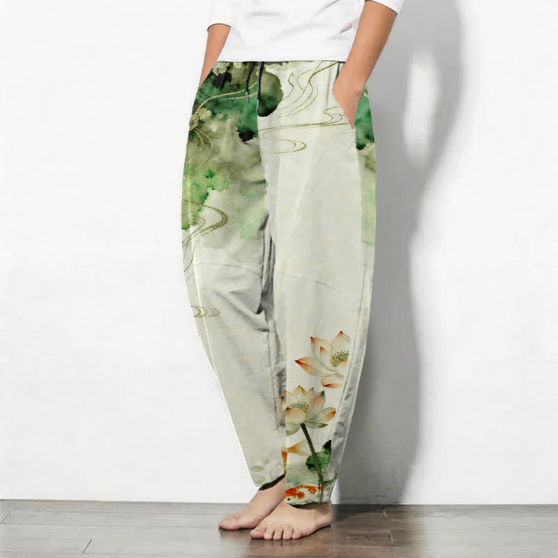 Buddha Stones Pantalon fuselé pour homme en pur coton, motif lotus koi délavé, cordon de serrage et poches - image 1