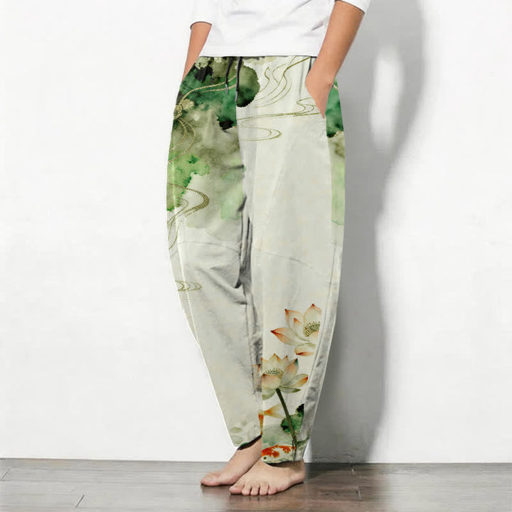 Buddha Stones Pantalon fuselé pour homme en pur coton, motif lotus koi délavé, cordon de serrage et poches - image 1