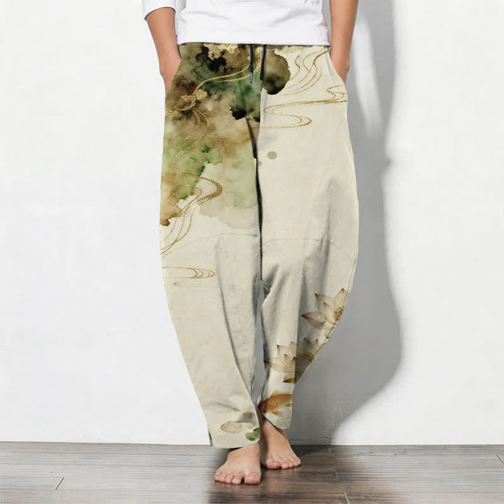 Buddha Stones Pantalon fuselé pour homme en pur coton, motif lotus koi délavé, cordon de serrage et poches - Beige - US/UK/AU50，EU60 (5XL) - image 7