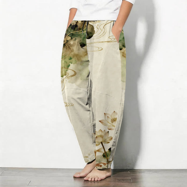Buddha Stones Pantalon fuselé pour homme en pur coton, motif lotus koi délavé, cordon de serrage et poches - image 8