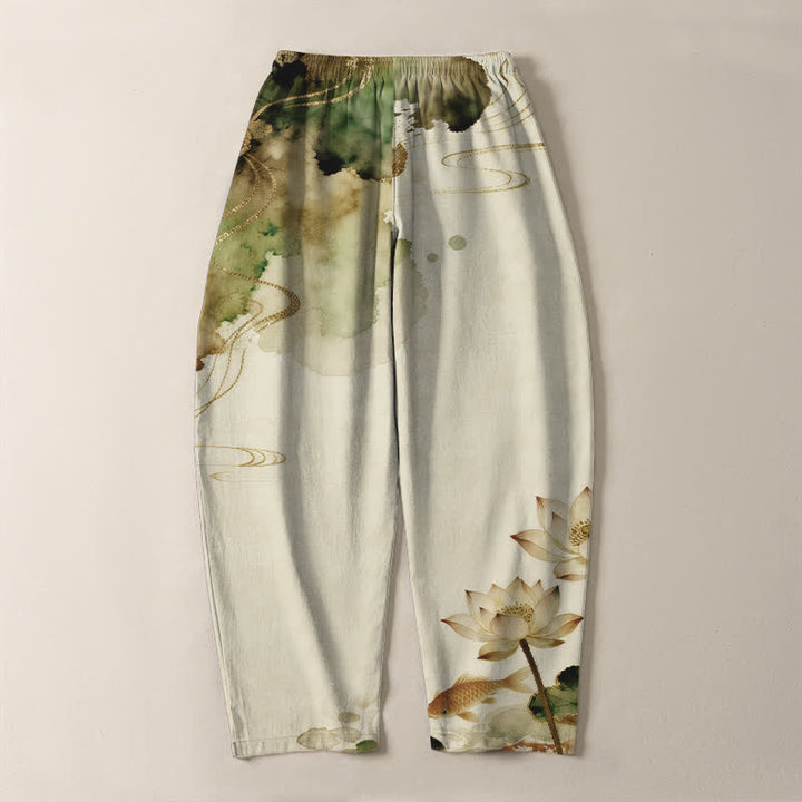 Buddha Stones Pantalon fuselé pour homme en pur coton, motif lotus koi délavé, cordon de serrage et poches - image 10