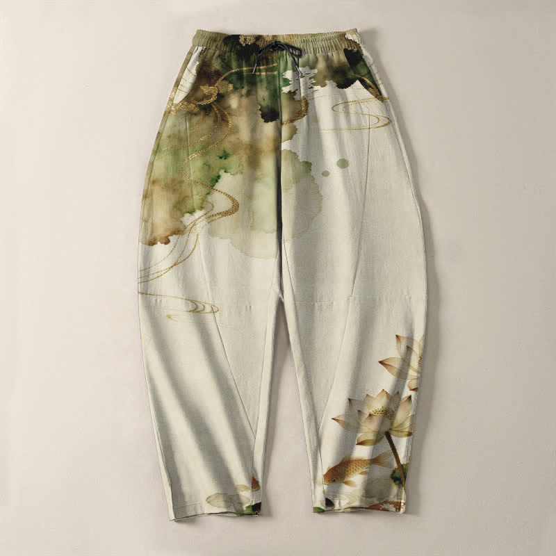 Buddha Stones Pantalon fuselé pour homme en pur coton, motif lotus koi délavé, cordon de serrage et poches - image 9