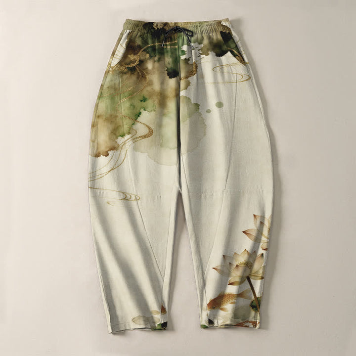 Buddha Stones Pantalon fuselé pour homme en pur coton, motif lotus koi délavé, cordon de serrage et poches - image 9