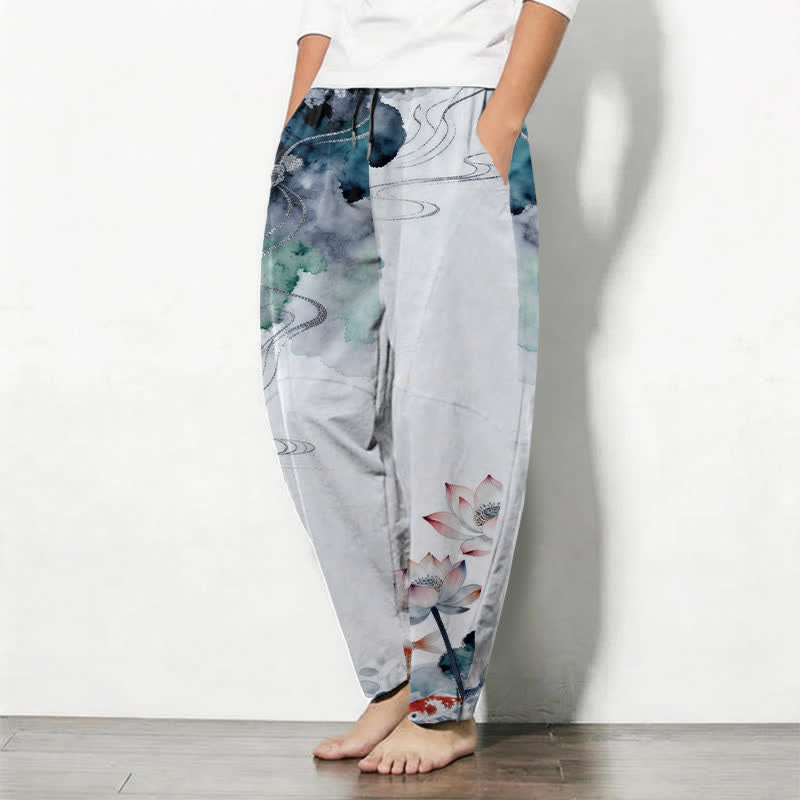 Buddha Stones Pantalon fuselé pour homme en pur coton, motif lotus koi délavé, cordon de serrage et poches - image 12