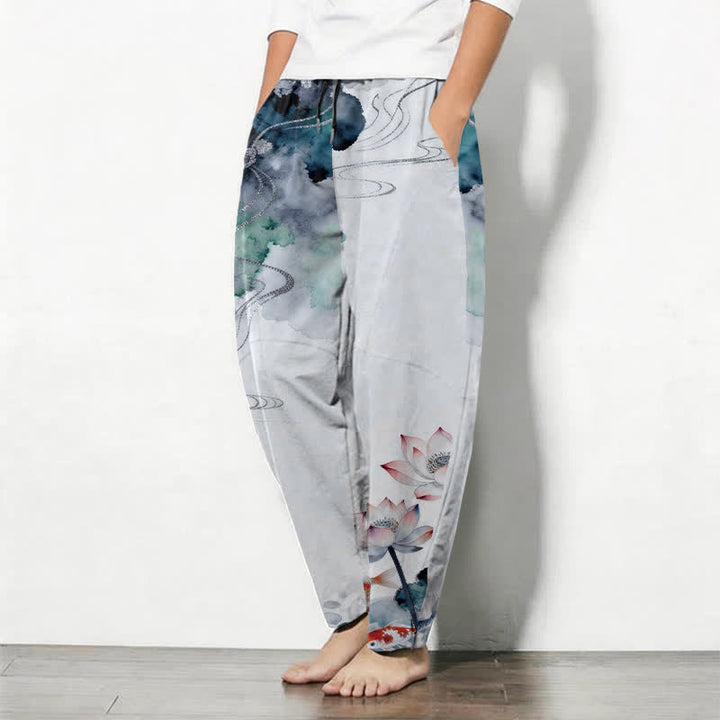 Buddha Stones Pantalon fuselé pour homme en pur coton, motif lotus koi délavé, cordon de serrage et poches - image 12