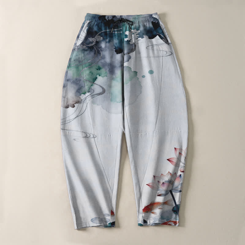 Buddha Stones Pantalon fuselé pour homme en pur coton, motif lotus koi délavé, cordon de serrage et poches - image 13