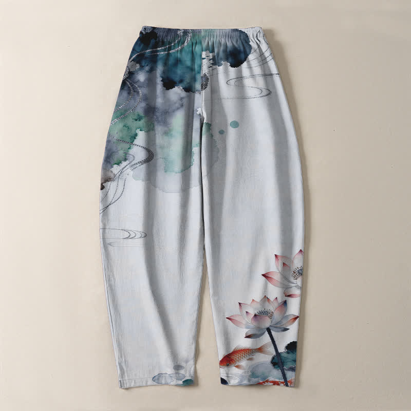 Buddha Stones Pantalon fuselé pour homme en pur coton, motif lotus koi délavé, cordon de serrage et poches - image 14